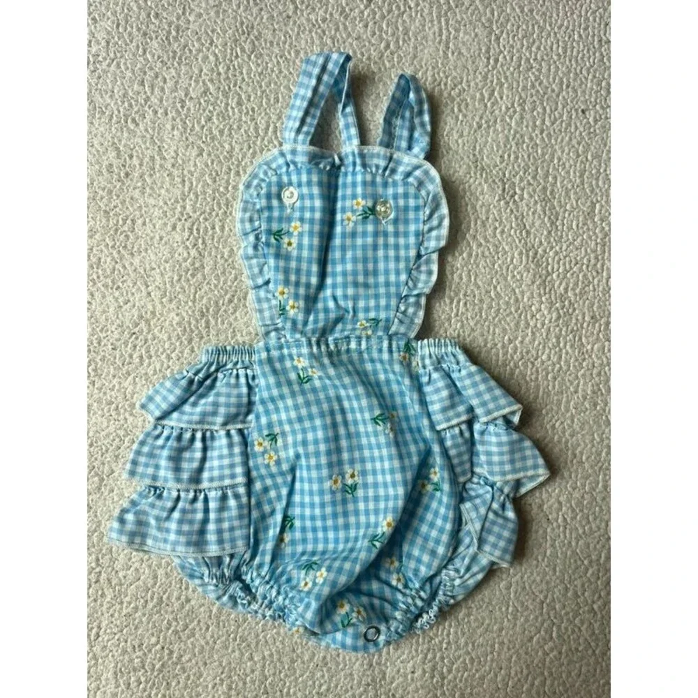 Vintage Stones Wear Blue & White Gingham Baby Girl Bubble Romper Daisy’s 12 Mo